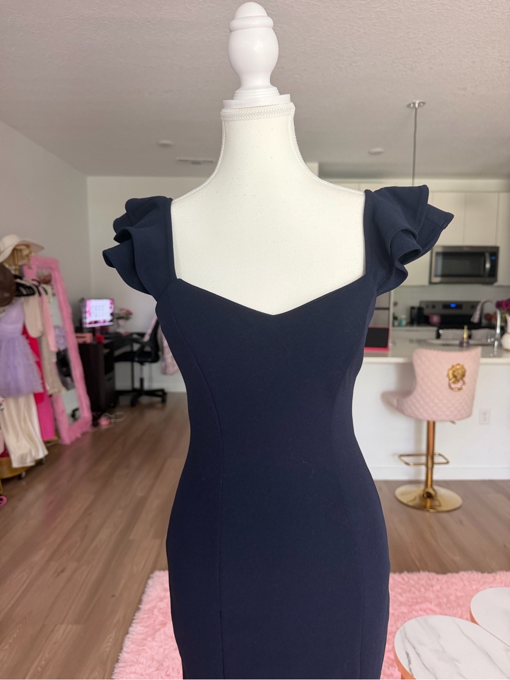 Barbiecore Women’s Navy Ruffle Sleeve Bodycon Dress with back detail - Picture 3 of 12